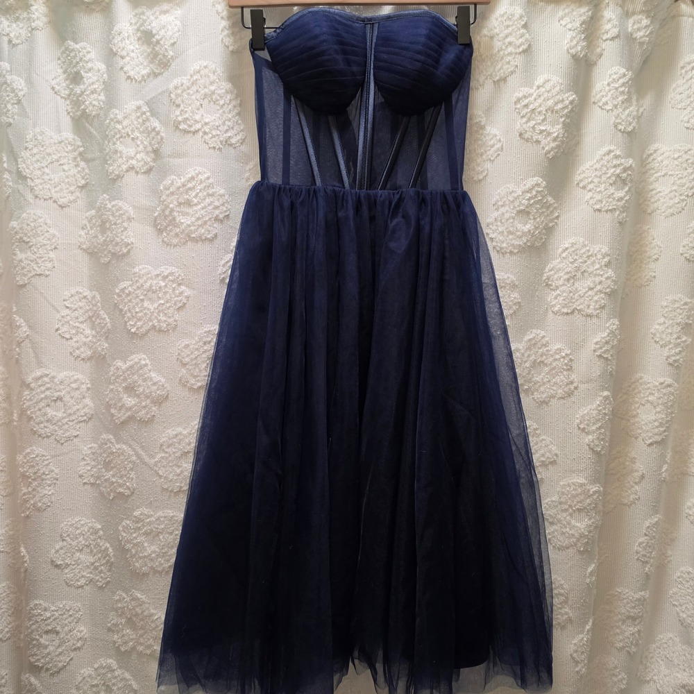 TS Couture Navy Blue Tulle Corset Cocktail Dress Sheer Bodice Lace Up‎ Back Prom